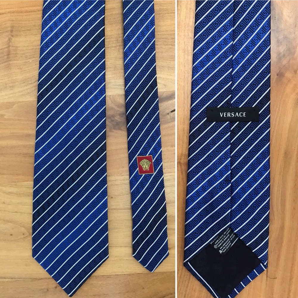 Sophisticated Versace Blue Black and White Striped Silk Neck Tie